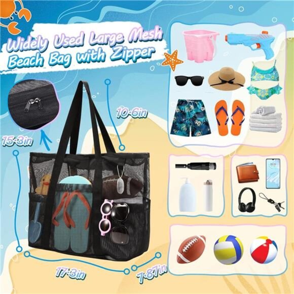 Mesh Beach Bag with Zipper Large Beach Tote Waterproof Sandproof with 8 Pockets - Picture 2 of 7